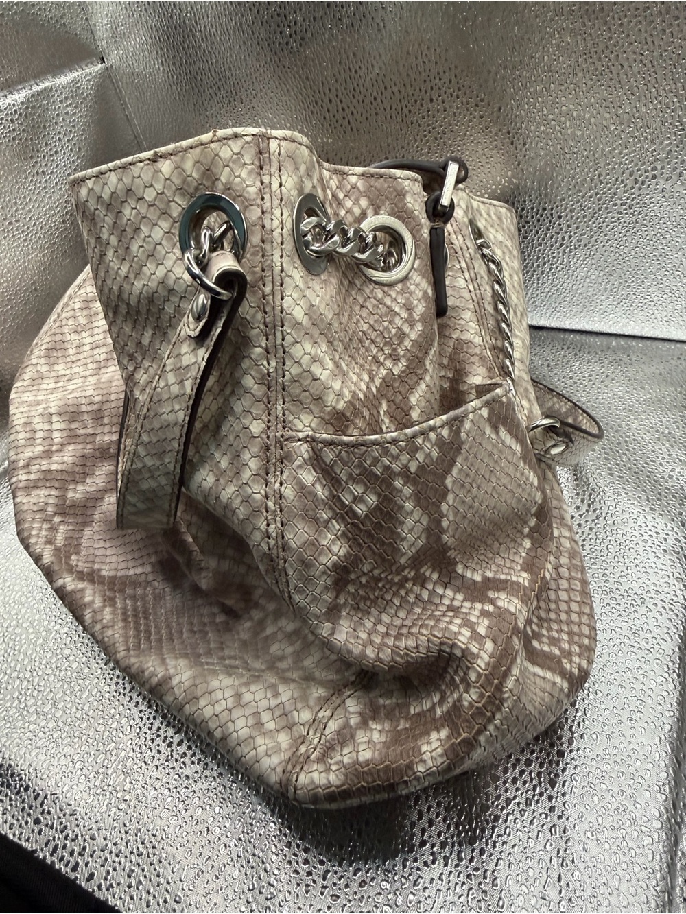 Michael Kors Taupe Snake-Print Shoulder Bag with Chain Straps - Picture 5 of 7